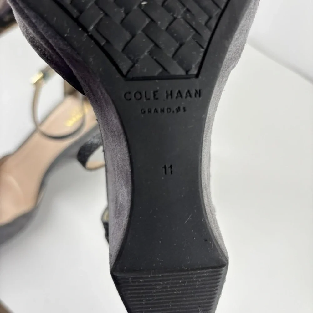 Cole Haan Lara Women's US 11 Grey Suede‎ Comfort Casual Ankle Strap Wedge Pumps